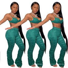 New Design Green Streetwear Sexy Stacked Pants and Crop Top Two Piece Set